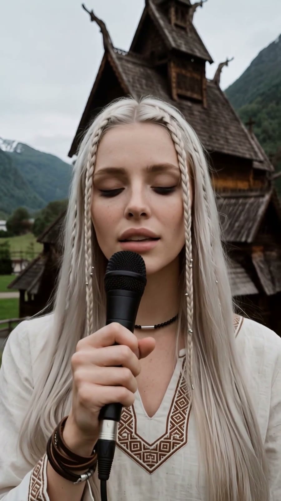 Eylvia singing in front of a Norwegian stave church